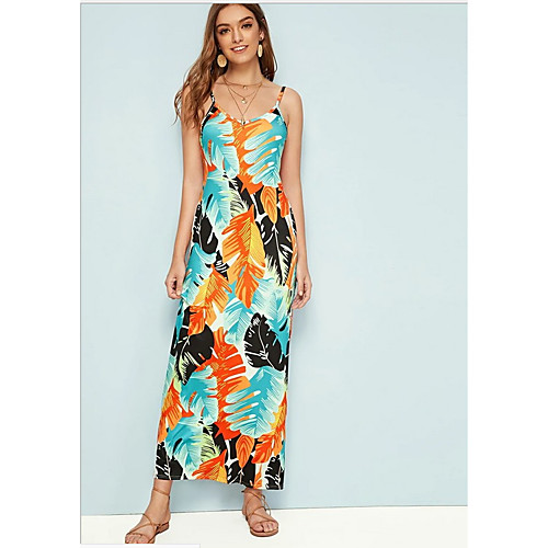 

Women's Maxi Blue Dress A Line Print Strap V Neck S M