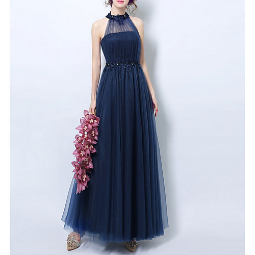 

A-Line Halter Neck Floor Length Lace Bridesmaid Dress with Appliques
