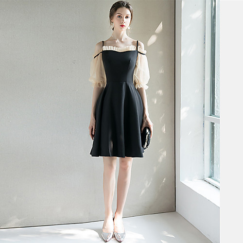 

A-Line Spaghetti Strap Short / Mini Spandex Little Black Dress / Black Wedding Guest / Cocktail Party Dress with Pleats 2020