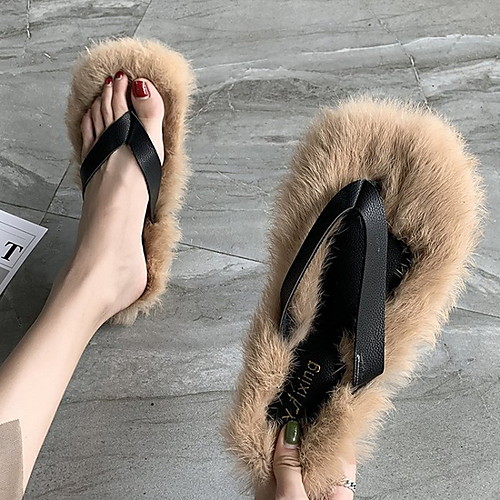 

Women's Slippers & Flip-Flops Flat Heel Round Toe Rabbit Fur Summer Purple / Green / Pink