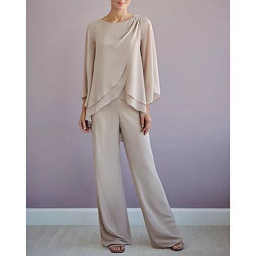 

Pantsuit / Jumpsuit Jewel Neck Floor Length Chiffon Long Sleeve Elegant Mother of the Bride Dress with Cascading Ruffles Mother's Day 2020