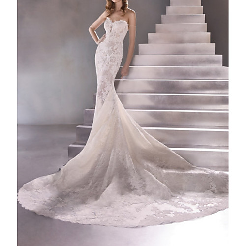 

Mermaid / Trumpet Sweetheart Neckline Sweep / Brush Train Lace Sleeveless Sexy Plus Size Wedding Dresses with Lace 2020