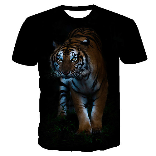 

Men's Daily Going out Basic T-shirt - Geometric / 3D / Animal Tiger, Print Black