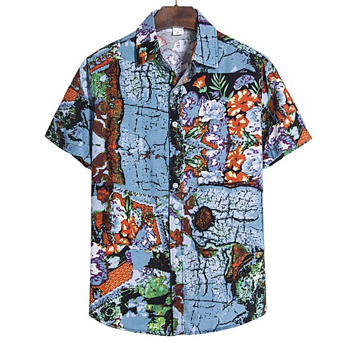 

Men's Geometric Tropical Leaf Print Shirt Hawaiian Going out Blue / Red / Yellow