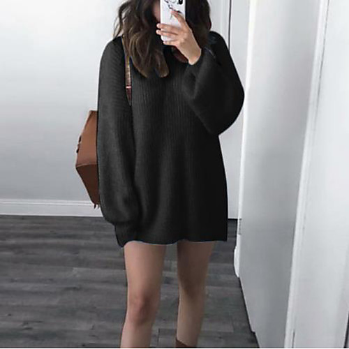 

Women's Solid Colored Long Sleeve Pullover Sweater Jumper, Round Black / Light Brown / Blue S / M / L