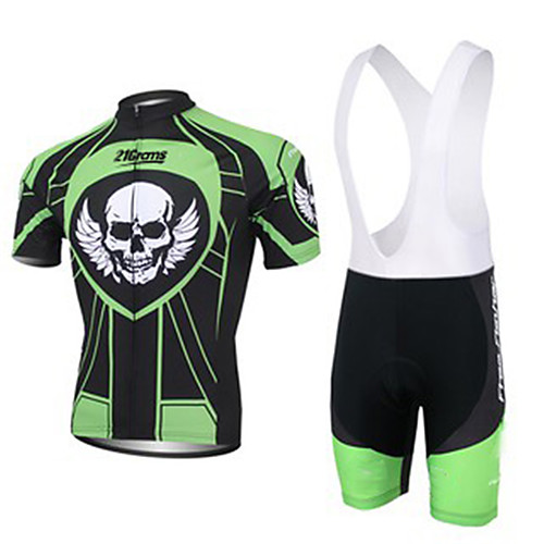 

21Grams Men's Short Sleeve Cycling Jersey with Bib Shorts Black / Green Geometic Skull Bike Clothing Suit UV Resistant Breathable 3D Pad Quick Dry Sweat-wicking Sports Solid Color Mountain Bike MTB