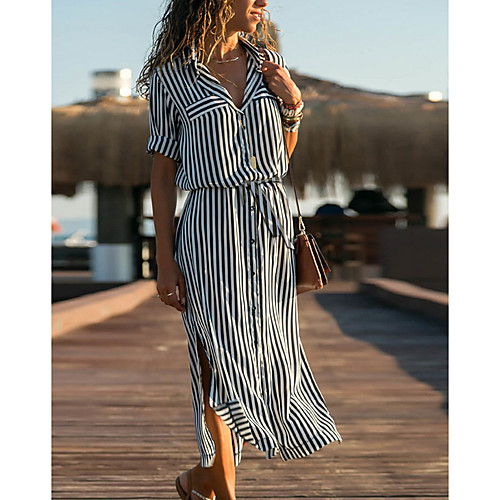 

Women's 2020 Orange Black Dress Casual Vacation Spring & Summer Causal Holiday Shift Striped Shirt Collar S M