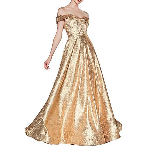 

A-Line Off Shoulder Floor Length Sequined Sparkle / Gold Engagement / Prom Dress with Sleek / Draping 2020