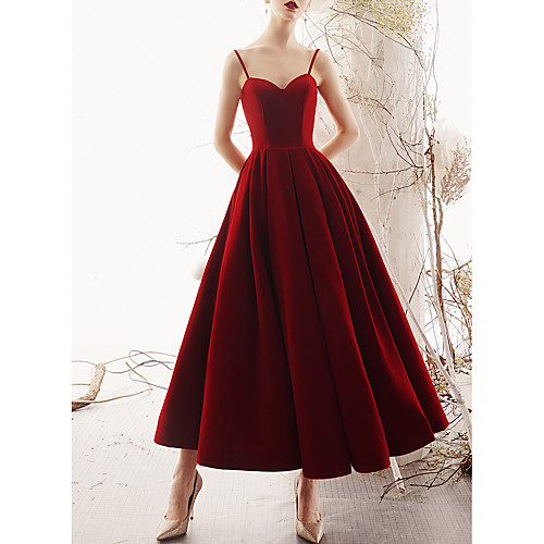 

A-Line Sweetheart Neckline Ankle Length Satin / Velvet Elegant / Red Cocktail Party / Wedding Guest Dress with Pleats 2020