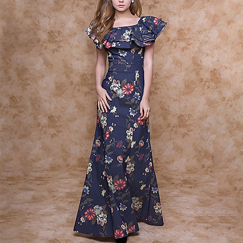 

Women's Maxi Navy Blue Dress A Line Floral Square Neck Ruffle S M / Retro