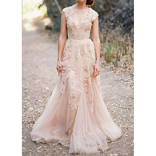

A-Line V Neck Sweep / Brush Train Lace Sleeveless Formal Wedding Dress in Color Wedding Dresses with Appliques 2020