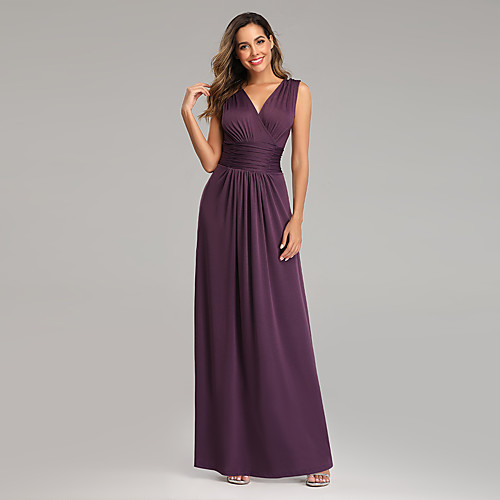 

A-Line V Neck Floor Length Chiffon / Satin Minimalist / Purple Formal Evening / Wedding Guest Dress with Pleats 2020