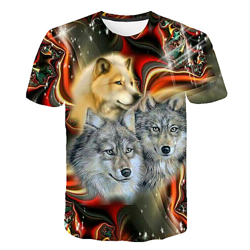 

Men's Daily Going out Basic T-shirt - 3D / Animal Wolf, Print Red
