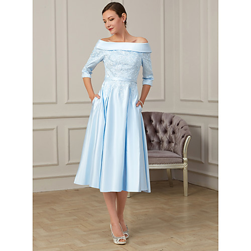 

A-Line Off Shoulder Tea Length Charmeuse 3/4 Length Sleeve Elegant Mother of the Bride Dress with Pleats / Ruching Mother's Day 2020