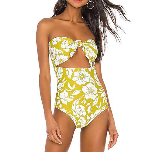 

Women's Cut Out Front Tie One Piece Swimsuit Monokini Floral Padded Swimwear Swimwear Yellow Wearable Comfortable Sleeveless - Swimming Diving / Micro-elastic / Floral / Botanical