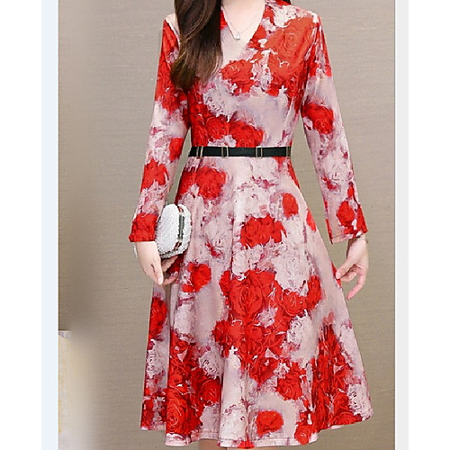 

Women's Plus Size Red Blue Dress A Line Floral V Neck L XL