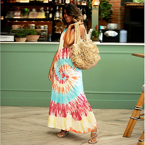 

Women's Maxi Blue Dress Shift Color Block S M Loose