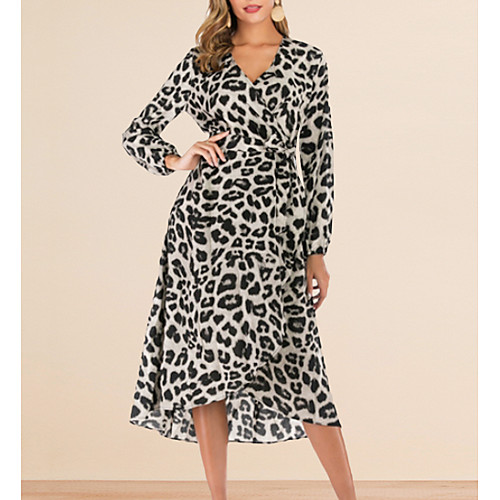 

Women's Asymmetrical White Brown Dress A Line Leopard V Neck S M