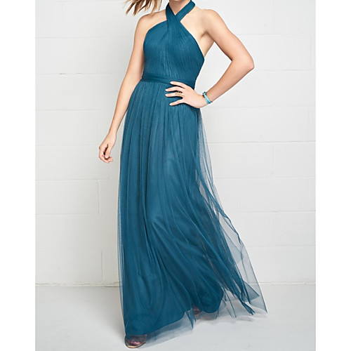 

A-Line Halter Neck Floor Length Tulle Elegant / Blue Wedding Guest / Prom Dress with Criss Cross / Pleats 2020