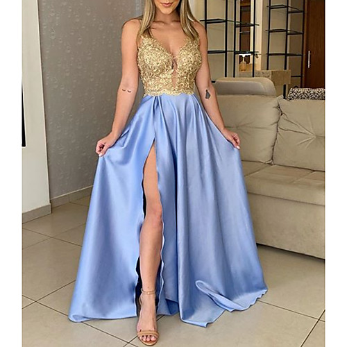 

A-Line V Neck Floor Length Polyester / Charmeuse Gold / Blue Prom / Formal Evening Dress with Sequin / Split 2020