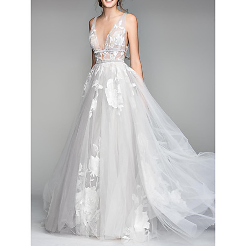 

A-Line V Neck Floor Length Tulle Sleeveless Casual Plus Size Wedding Dresses with Draping 2020