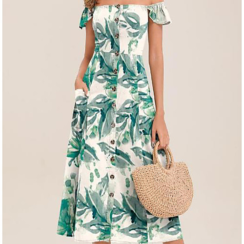 

Women's Green Dress Loose Geometric Off Shoulder S M
