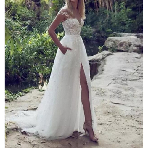 

A-Line Plunging Neck Sweep / Brush Train Polyester Cap Sleeve Country Plus Size Wedding Dresses with Appliques / Split Front 2020