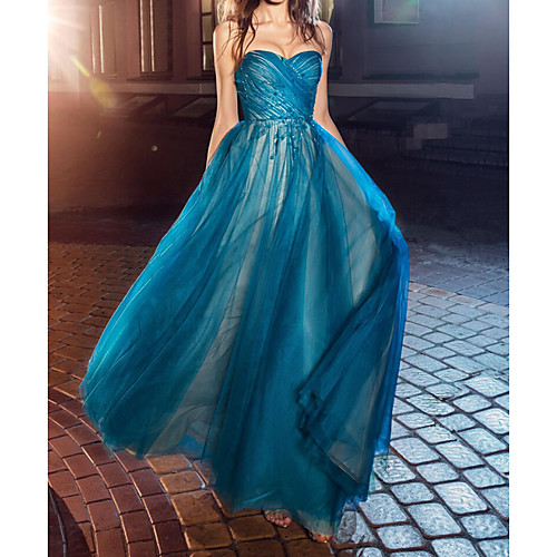 

A-Line Sweetheart Neckline Floor Length Tulle Elegant / Blue Engagement / Prom Dress with Ruched 2020