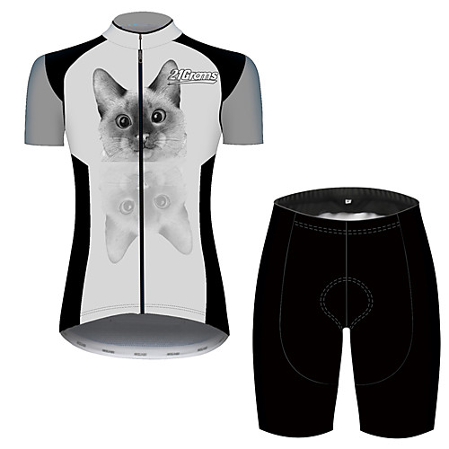 

21Grams Women's Short Sleeve Cycling Jersey with Shorts GrayWhite Cat Animal Bike Clothing Suit Breathable 3D Pad Quick Dry Ultraviolet Resistant Sweat-wicking Sports Cat Mountain Bike MTB Road Bike