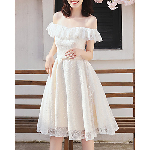 

A-Line Off Shoulder Knee Length Chiffon Bridesmaid Dress with Tier