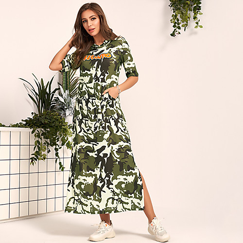 

Women's Maxi Army Green Dress Casual Active Daily Going out T Shirt Color Block M L