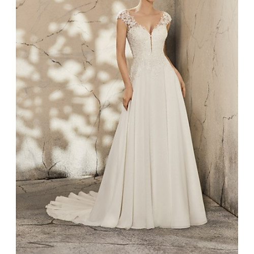 

A-Line V Neck Court Train Lace Cap Sleeve Simple Plus Size Wedding Dresses with Lace / Appliques 2020