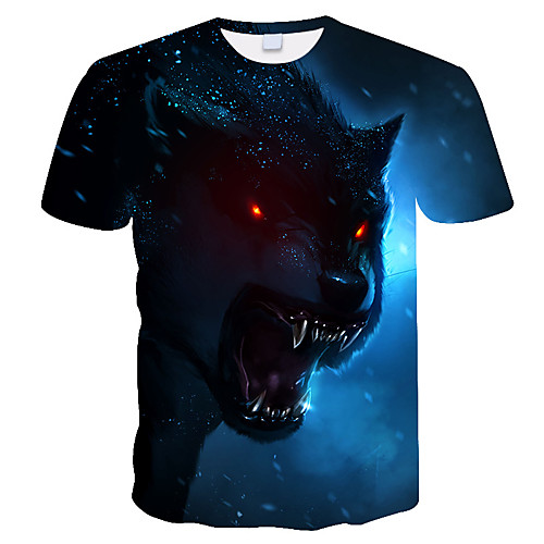 

Men's Daily Holiday Street chic / Exaggerated T-shirt - 3D / Tie Dye / Animal Wolf, Print Blue