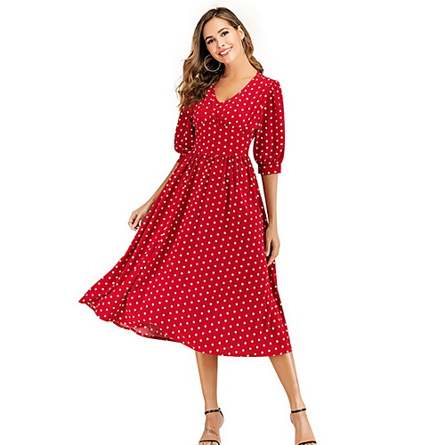 

Women's Red Dress Swing Polka Dot V Neck S M