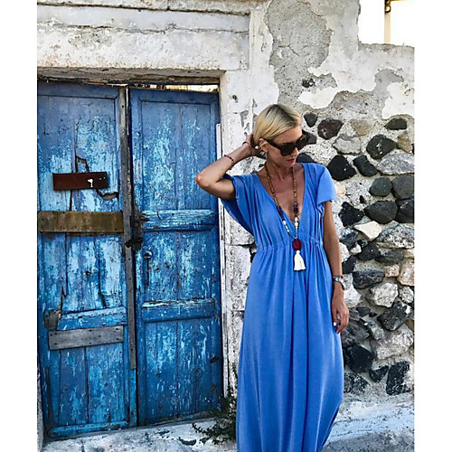 

Women's Maxi Blue Dress Swing Solid Color V Neck S M