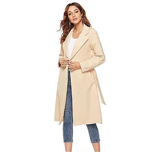 

Women's Daily Long Trench Coat, Solid Colored Notch Lapel Long Sleeve Polyester Beige