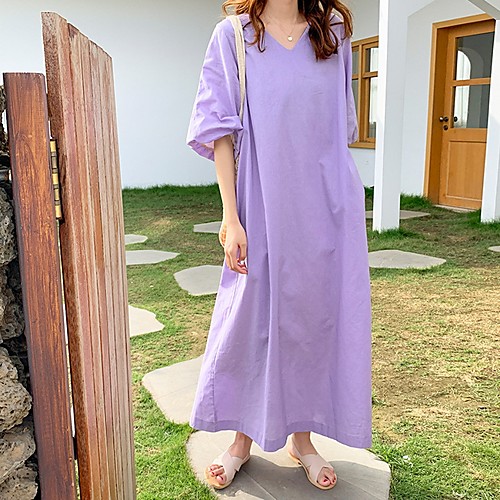 

Women's Maxi Purple Dress Loose Solid Color V Neck One-Size Loose