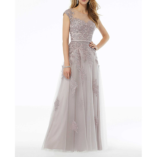 

A-Line Illusion Neck Floor Length Lace Elegant / Grey Wedding Guest / Formal Evening Dress with Lace Insert / Appliques 2020