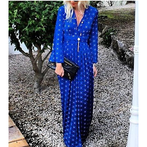 

Women's Maxi Blue Dress Swing Print Deep V S M