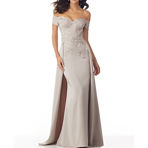 

A-Line Off Shoulder Sweep / Brush Train Polyester Elegant / Sexy Engagement / Formal Evening Dress with Beading / Overskirt / Appliques 2020