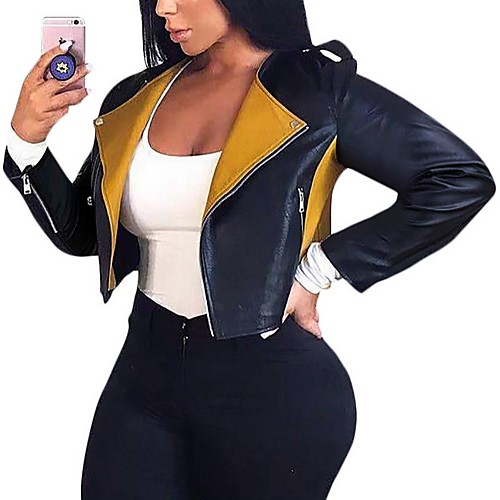 

Women's Daily Fall & Winter Regular Leather Jacket, Color Block Rolled collar Long Sleeve PU Black