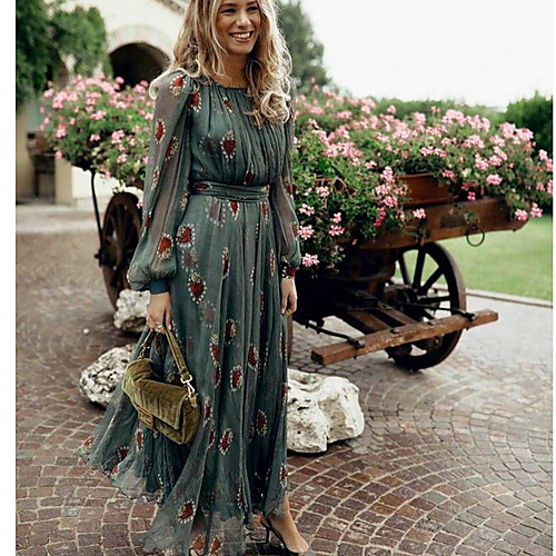 

Women's Maxi Green Dress Swing Geometric S M