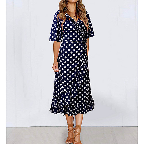 

Women's Blue White Dress A Line Polka Dot V Neck S M