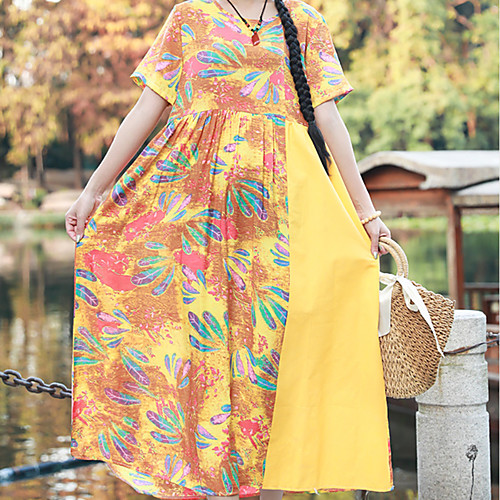 

Women's Purple Yellow Dress Vintage Style Chinoiserie Daily Holiday Loose Color Block Tropical Leaf Patchwork Print M L Loose / Belt Not Included