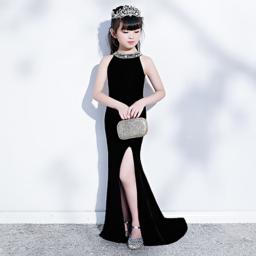 

Mermaid / Trumpet Sweep / Brush Train Wedding / Party Pageant Dresses - Pleuche Sleeveless Halter Neck with Split Front