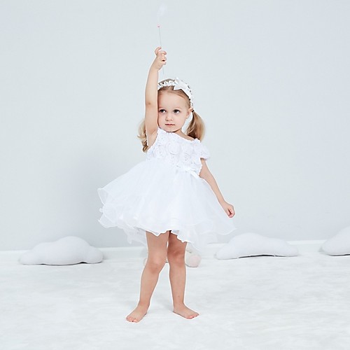 

Ball Gown Short / Mini First Communion Christening Gowns - Polyester Short Sleeve Jewel Neck with Bow(s) / Appliques
