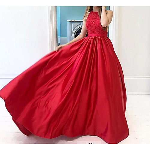 

A-Line Jewel Neck Floor Length Lace Minimalist / Red Wedding Guest / Engagement Dress with Sleek / Pleats 2020