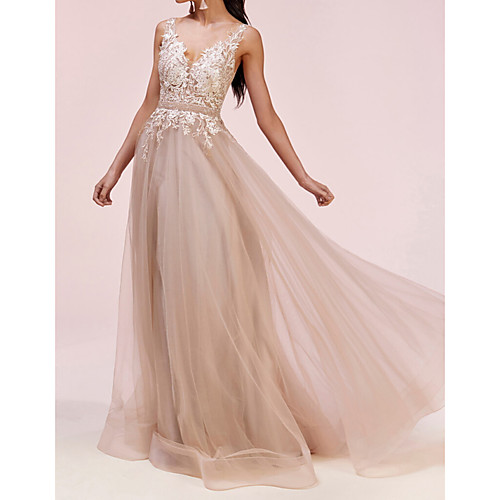 

A-Line V Neck Floor Length Tulle Elegant / Pink Engagement / Prom Dress with Pleats / Appliques 2020