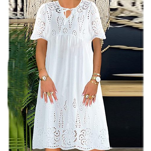 

Women's White Dress Boho Spring Vacation A Line Loose Solid Color V Neck Lace Hollow Out Eyelet L XL