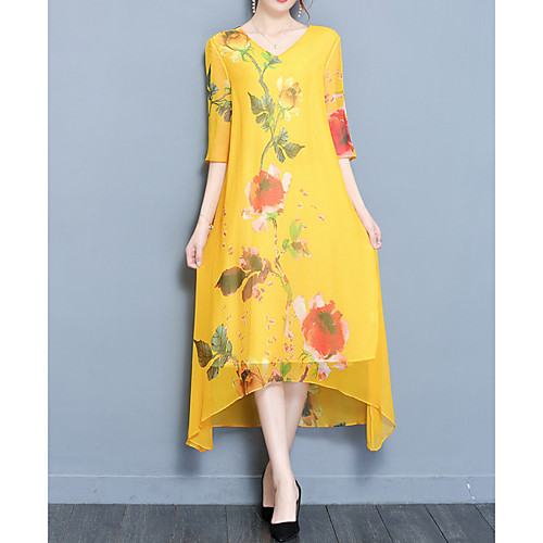 

Women's Asymmetrical Yellow Red Dress Shift Floral V Neck M L